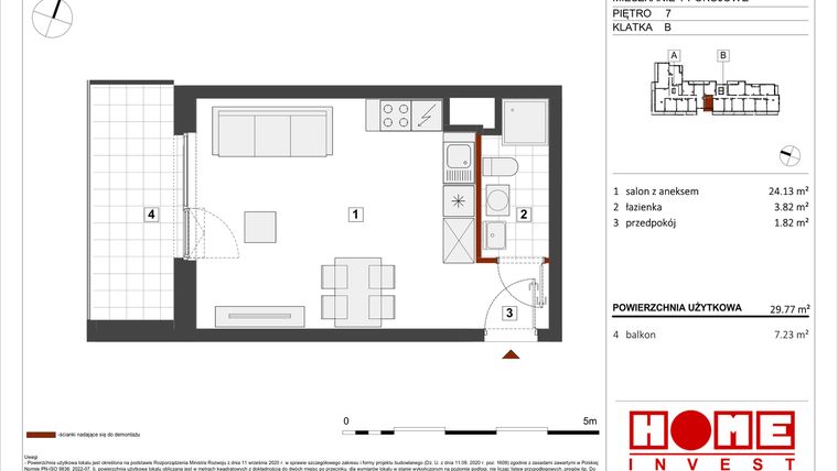 Rzut - Mieszkanie na sprzedaż 1 pokój o powierzchni 29,77 m² - numer B1-B124 w Warszawski Świt etap VIII