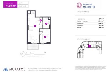 Rzut - Mieszkanie na sprzedaż 2 pokoje o powierzchni 41,88 m² - numer 2.C.0.03 w Murapol Osiedle Filo etap II