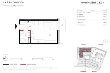 Rzut - Mieszkanie na sprzedaż 1 pokój o powierzchni 28,77 m² - numer C 3.03 w Naramowicka 100