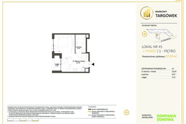 Rzut - Mieszkanie na sprzedaż 1 pokój o powierzchni 27,33 m² - numer 45 w Markowy Targówek