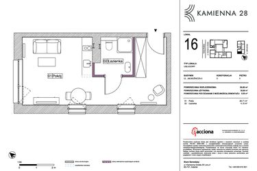 Rzut - Mieszkanie na sprzedaż 1 pokój o powierzchni 30,86 m² - numer 4.16 w Kamienna 28 - apartamenty inwestycyjne
