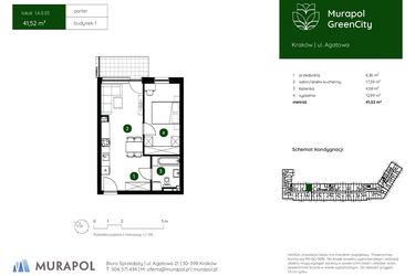 Rzut - Mieszkanie na sprzedaż 2 pokoje o powierzchni 41,52 m² - numer 1.A.0.03 w Murapol GreenCity bud. 1