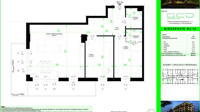 Rzut - Mieszkanie na sprzedaż 3 pokoje o powierzchni 68,54 m² - numer 2.10. w City Park Apartments