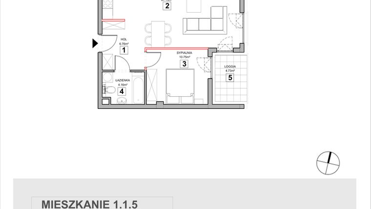 Rzut - Mieszkanie na sprzedaż 2 pokoje o powierzchni 49,32 m² - numer 1.1.5 w Zakątek Harmonia III