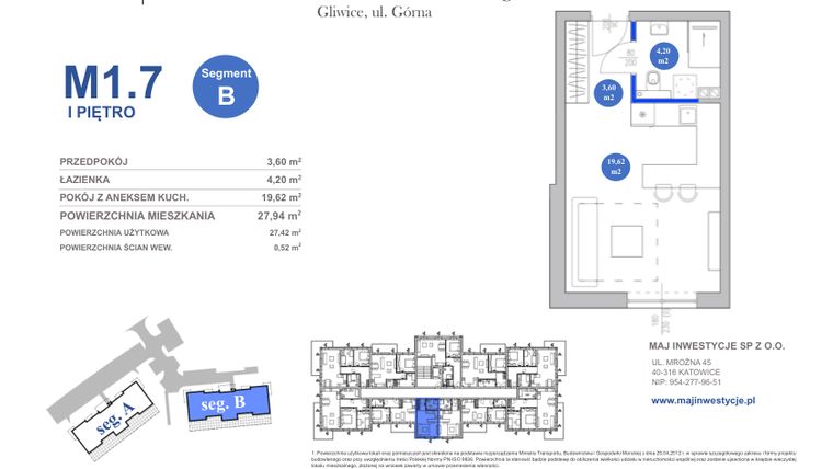 Rzut - Mieszkanie na sprzedaż 1 pokój o powierzchni 27,42 m² - numer M1.7 w Osiedle Majowe 2.0
