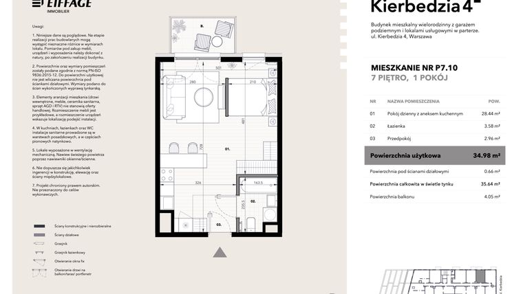Rzut - Mieszkanie na sprzedaż 2 pokoje o powierzchni 34,57 m² - numer P7.10 w Kierbedzia 4