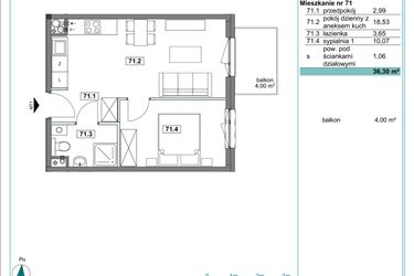 Rzut - Mieszkanie na sprzedaż 2 pokoje o powierzchni 36,35 m² - numer E.71 w Osiedle Kościuszki