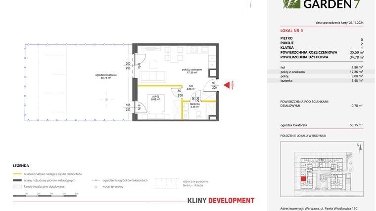 Rzut - Mieszkanie na sprzedaż 2 pokoje o powierzchni 35,56 m² - numer 5 w Nova Viva Garden 7