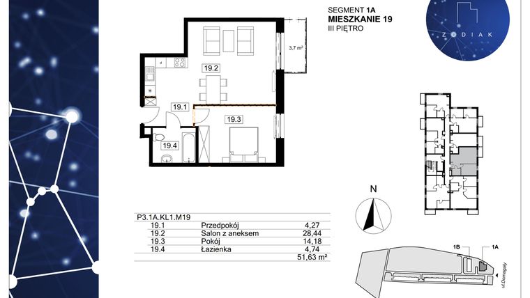 Rzut - Mieszkanie na sprzedaż 2 pokoje o powierzchni 51,63 m² - numer 39/19 w Zodiak