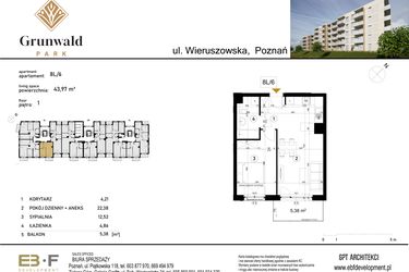 Rzut - Mieszkanie na sprzedaż 2 pokoje o powierzchni 43,97 m² - numer 8 L/6 w Grunwald Park