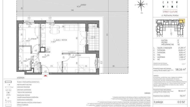 Rzut - Mieszkanie na sprzedaż 3 pokoje o powierzchni 58,16 m² - numer CV-SC-LM-0.D.92 w City Vibe