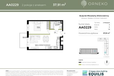 Rzut - Mieszkanie na sprzedaż 2 pokoje o powierzchni 37,91 m² - numer AA0229 w Orneko