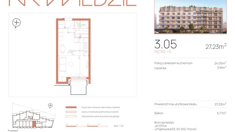 Rzut - Mieszkanie na sprzedaż 1 pokój o powierzchni 27,23 m² - numer 3.05 w Na Wildzie