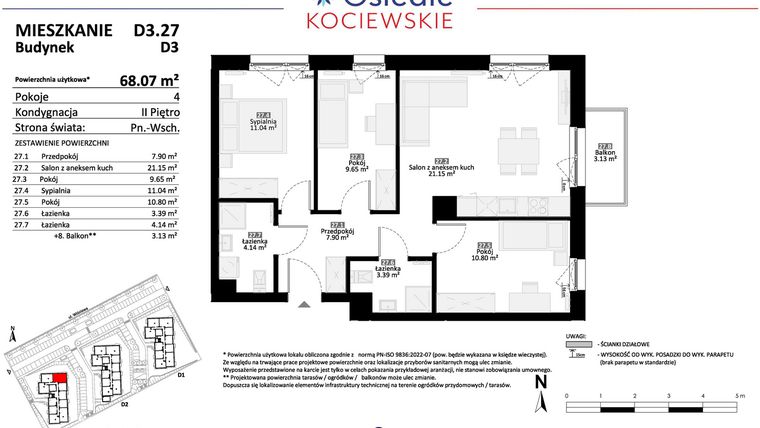 Rzut - Mieszkanie na sprzedaż 4 pokoje o powierzchni 68,07 m² - numer D3.27 w Osiedle Kociewskie etap IV