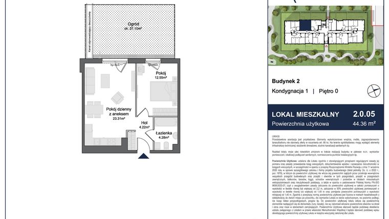 Rzut - Mieszkanie na sprzedaż 2 pokoje o powierzchni 44,36 m² - numer 2.0.05 w Rytelska