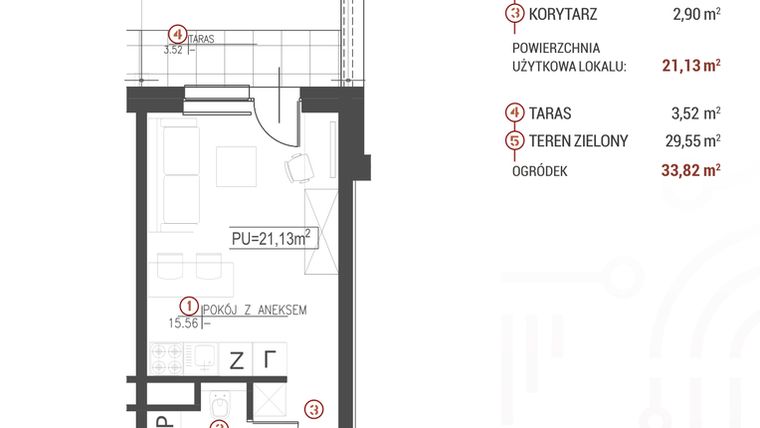 Rzut - Mieszkanie na sprzedaż 1 pokój o powierzchni 21,13 m² - numer 7 w Wróblewskiego 1