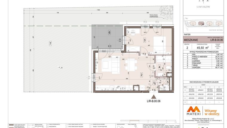 Rzut - Mieszkanie na sprzedaż 2 pokoje o powierzchni 45,5 m² - numer B.00.06 w Takt Lirników