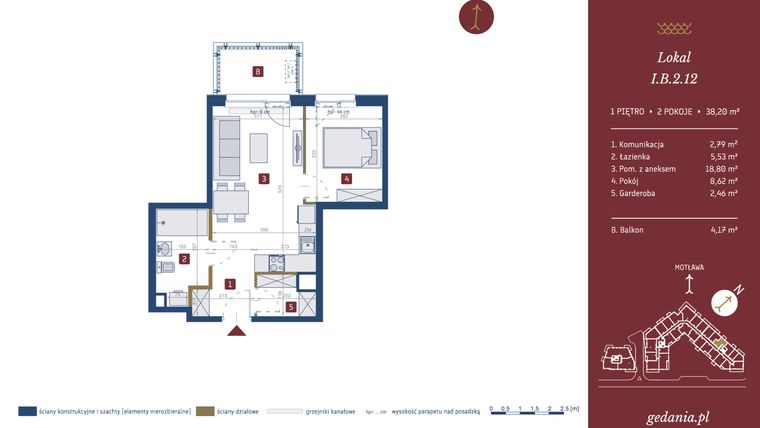 Rzut - Mieszkanie na sprzedaż 2 pokoje o powierzchni 38,2 m² - numer I.B.2.12 w GEDANIA Riverside Living - apartamenty inwestycyjne