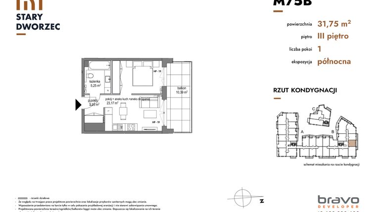 Rzut - Mieszkanie na sprzedaż 1 pokój o powierzchni 31,75 m² - numer M 75B w Stary Dworzec