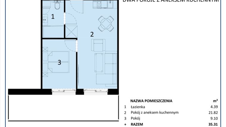 Rzut - Mieszkanie na sprzedaż 2 pokoje o powierzchni 35,31 m² - numer C.106 w Perłowa Przystań - Sianożęty - etap III
