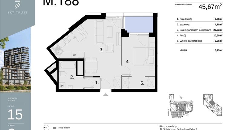 Rzut - Mieszkanie na sprzedaż 2 pokoje o powierzchni 45,67 m² - numer M188 w Sky Trust etap II
