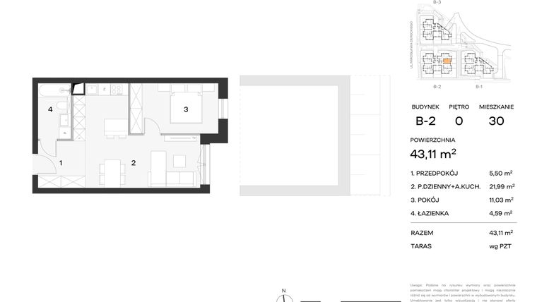 Rzut - Mieszkanie na sprzedaż 2 pokoje o powierzchni 43,11 m² - numer 30 w Koncertowa Dolina