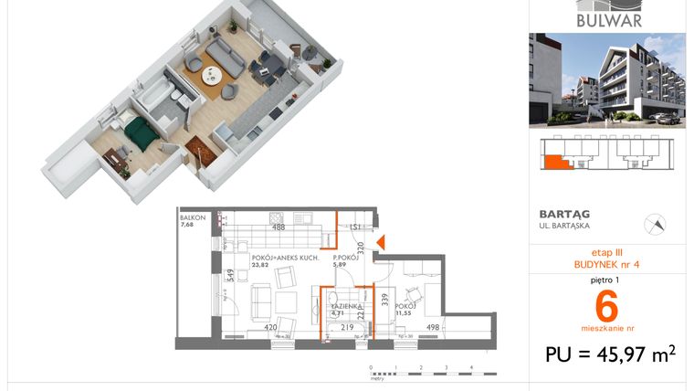 Rzut - Mieszkanie na sprzedaż 2 pokoje o powierzchni 45,97 m² - numer 6 w Osiedle Bulwar bud. 4