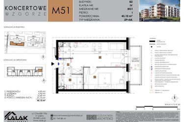 Rzut - Mieszkanie na sprzedaż 2 pokoje o powierzchni 45,1 m² - numer B2.51 w Koncertowe Wzgórze