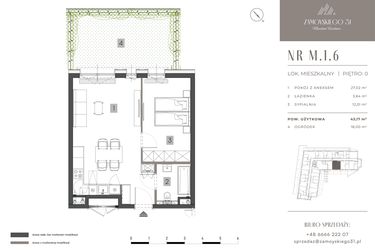 Rzut - Mieszkanie na sprzedaż 2 pokoje o powierzchni 43,17 m² - numer M.1.6 w Zamoyskiego 31