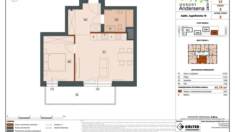 Rzut - Mieszkanie na sprzedaż 2 pokoje o powierzchni 45,7 m² - numer 17D w Ogrody Andersena