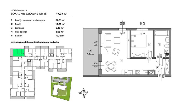 Rzut - Mieszkanie na sprzedaż 2 pokoje o powierzchni 47,27 m² - numer 18 w Nova Radiostacja