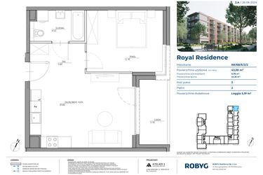 Rzut - Mieszkanie na sprzedaż 2 pokoje o powierzchni 43,38 m² - numer RR/6B/E/2/2 w Royal Residence 6B