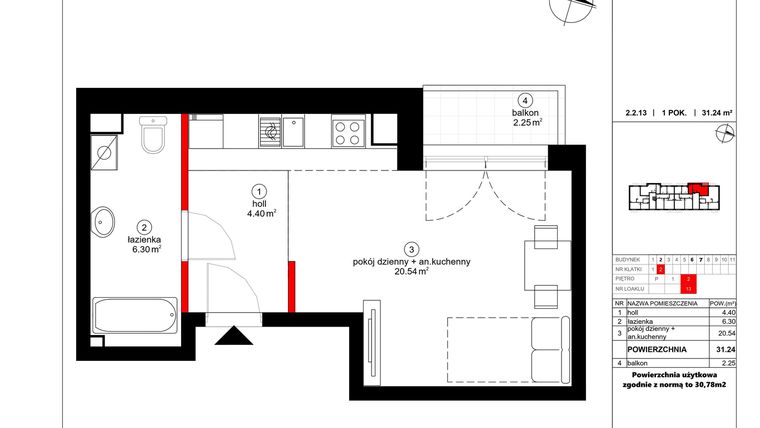 Rzut - Mieszkanie na sprzedaż 1 pokój o powierzchni 30,78 m² - numer 13 w Czynu Społecznego 65F