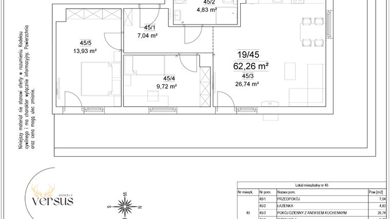 Rzut - Mieszkanie na sprzedaż 2 pokoje o powierzchni 62,26 m² - numer 19/45 w Osiedle Versus etap II