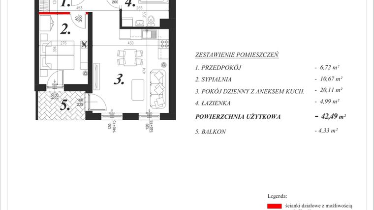 Rzut - Mieszkanie na sprzedaż 2 pokoje o powierzchni 42,49 m² - numer 13 w Enklawa Milanówek