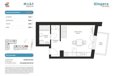Rzut - Mieszkanie na sprzedaż 1 pokój o powierzchni 28,93 m² - numer M I.3.1 w Glogera Bricks