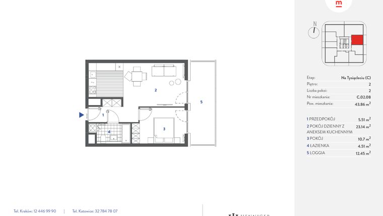 Rzut - Mieszkanie na sprzedaż 2 pokoje o powierzchni 43,86 m² - numer C.02.08 w Mieszkaj w mieście - Na Tysiącleciu budynek C