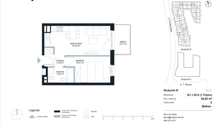 Rzut - Mieszkanie na sprzedaż 2 pokoje o powierzchni 36,02 m² - numer B1.1.M14 w EMaya