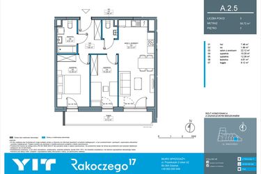Rzut - Mieszkanie na sprzedaż 3 pokoje o powierzchni 58,72 m² - numer A.2.5 w Rakoczego 17