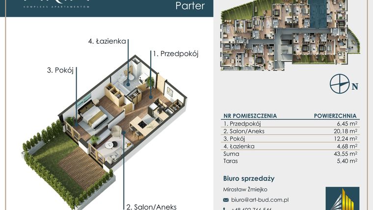 Rzut - Mieszkanie na sprzedaż 2 pokoje o powierzchni 43,56 m² - numer 8 w Apartamenty Aria