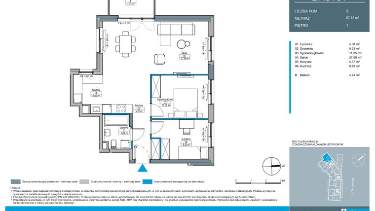 Rzut - Mieszkanie na sprzedaż 3 pokoje o powierzchni 67,13 m² - numer BA0101 w Talarowa Park