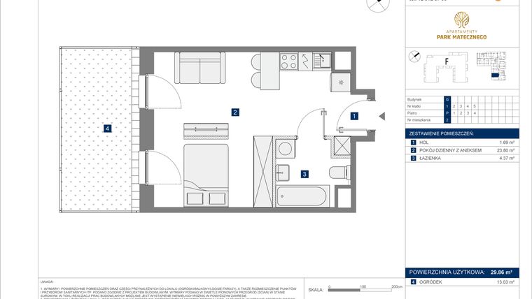 Rzut - Mieszkanie na sprzedaż 1 pokój o powierzchni 29,86 m² - numer G-2 w Apartamenty Park Matecznego Etap 2