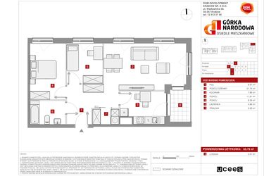 Rzut - Mieszkanie na sprzedaż 3 pokoje o powierzchni 65,73 m² - numer GN_4_1_I_3 w Osiedle Górka Narodowa