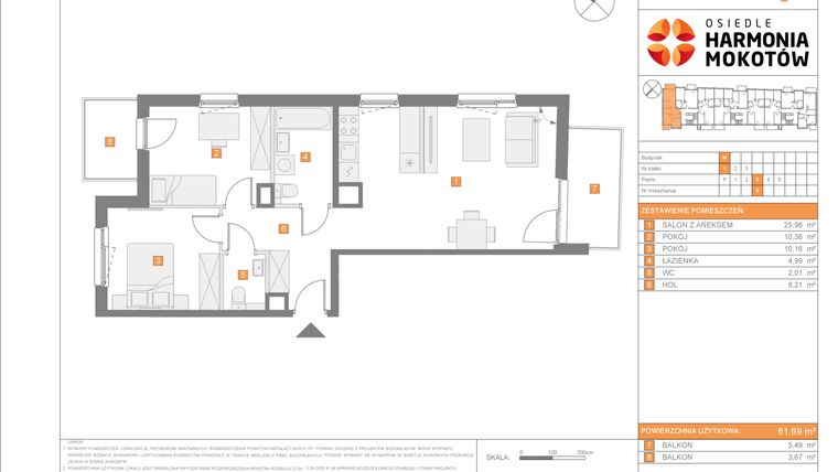 Rzut - Mieszkanie na sprzedaż 3 pokoje o powierzchni 61,69 m² - numer H.8 w Osiedle Harmonia Mokotów etap 3