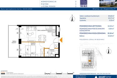 Rzut - Mieszkanie na sprzedaż 2 pokoje o powierzchni 35,34 m² - numer 1.04 w The Blue