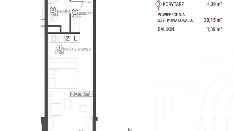 Rzut - Mieszkanie na sprzedaż 1 pokój o powierzchni 30,15 m² - numer 122 w Wróblewskiego 1