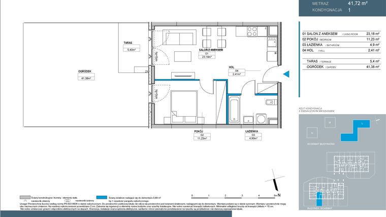 Rzut - Mieszkanie na sprzedaż 2 pokoje o powierzchni 41,7 m² - numer L1.1.05 w Nordic Bemowo - etap III