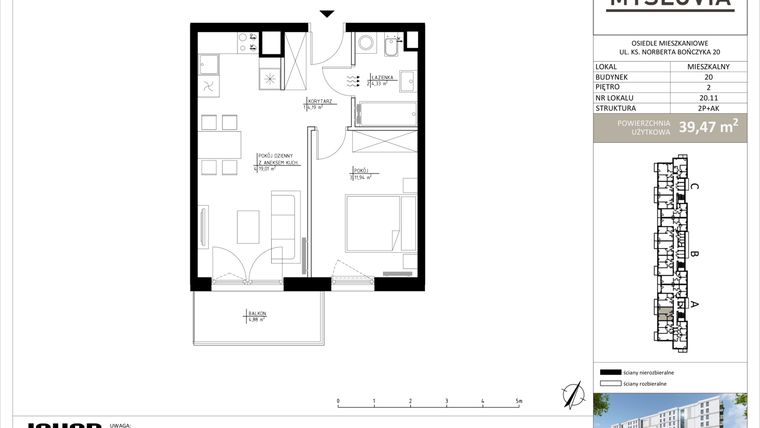 Rzut - Mieszkanie na sprzedaż 2 pokoje o powierzchni 39,47 m² - numer M.LM.20.11 w Myslovia