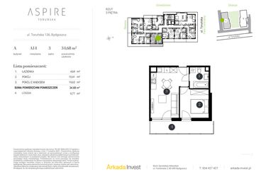 Rzut - Mieszkanie na sprzedaż 2 pokoje o powierzchni 34,68 m² - numer A.14 w Aspire