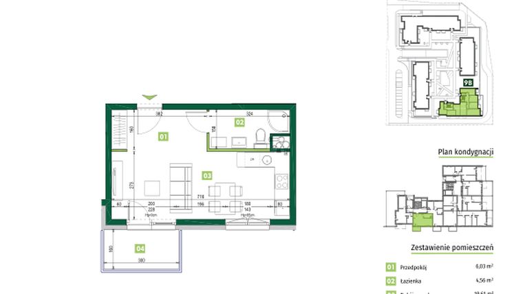 Rzut - Mieszkanie na sprzedaż 1 pokój o powierzchni 30,2 m² - numer 9B.22 w Zielona Przystań etap III